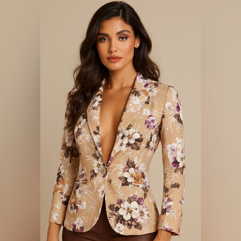 Ark & Co Linen Rayon Blend Blazer Floral Fitted Cream Beige Pink Lily Size S